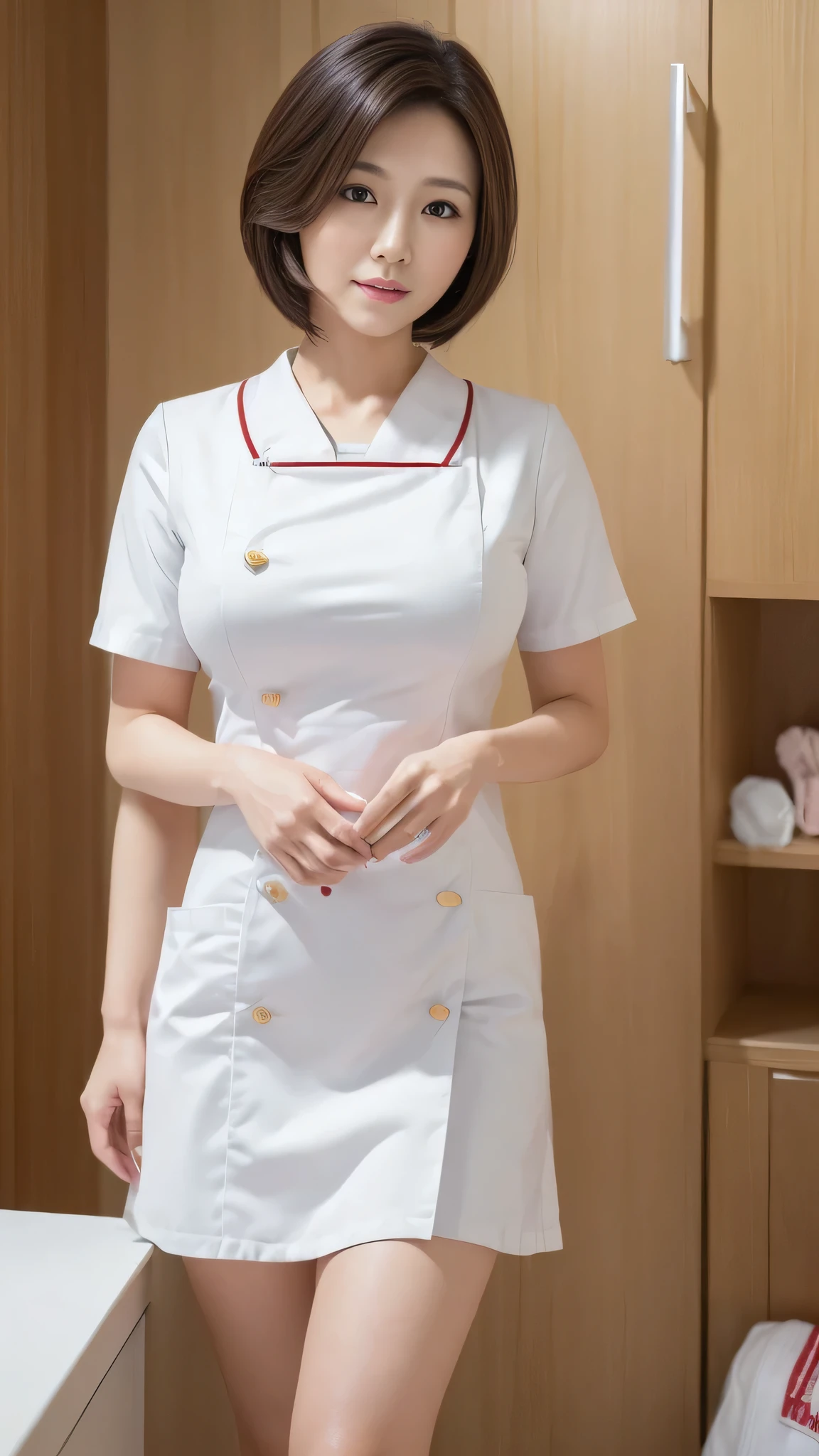 (8k, best quality, masterpiece, golden ratio composition,:1.3), (beautiful Japanese mature woman in her 30s), (wearing white Nurse's uniform:1.4), (huge breasts), short cut hair