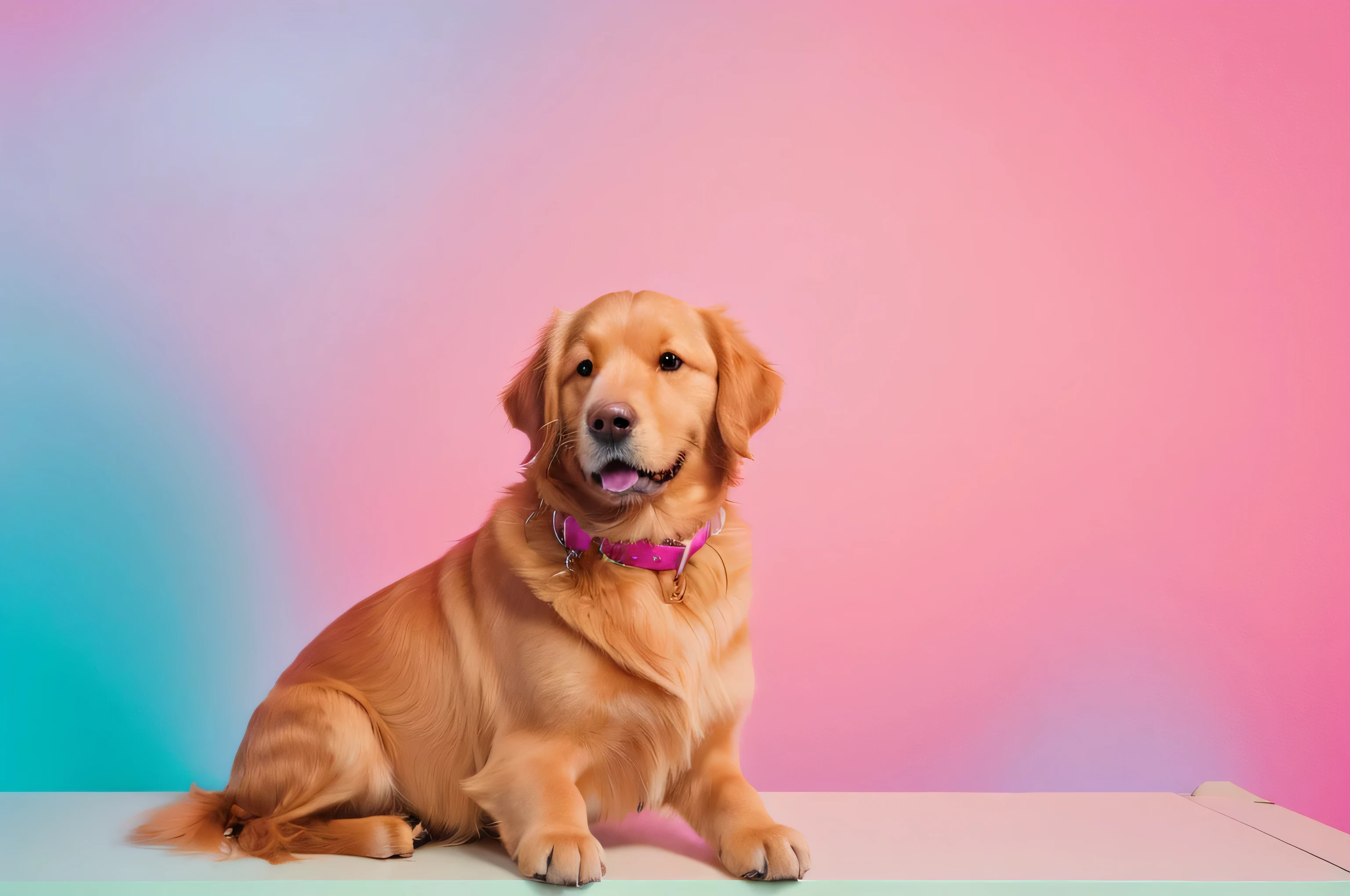 Golden Retriever sitting on a solid pastel pink background with space above for text