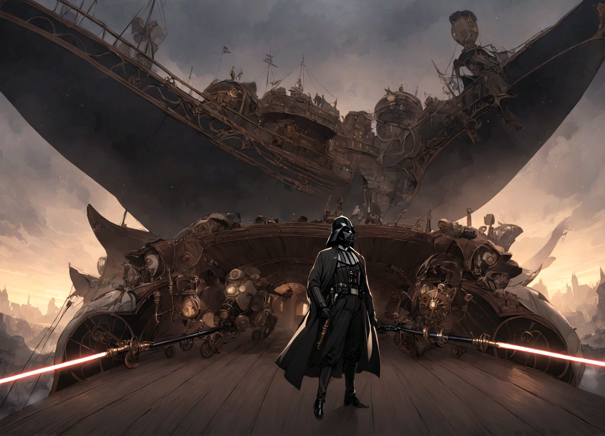 Luke skywalker and darth vader have a uel with light sabers, steam punk style, set on an airship