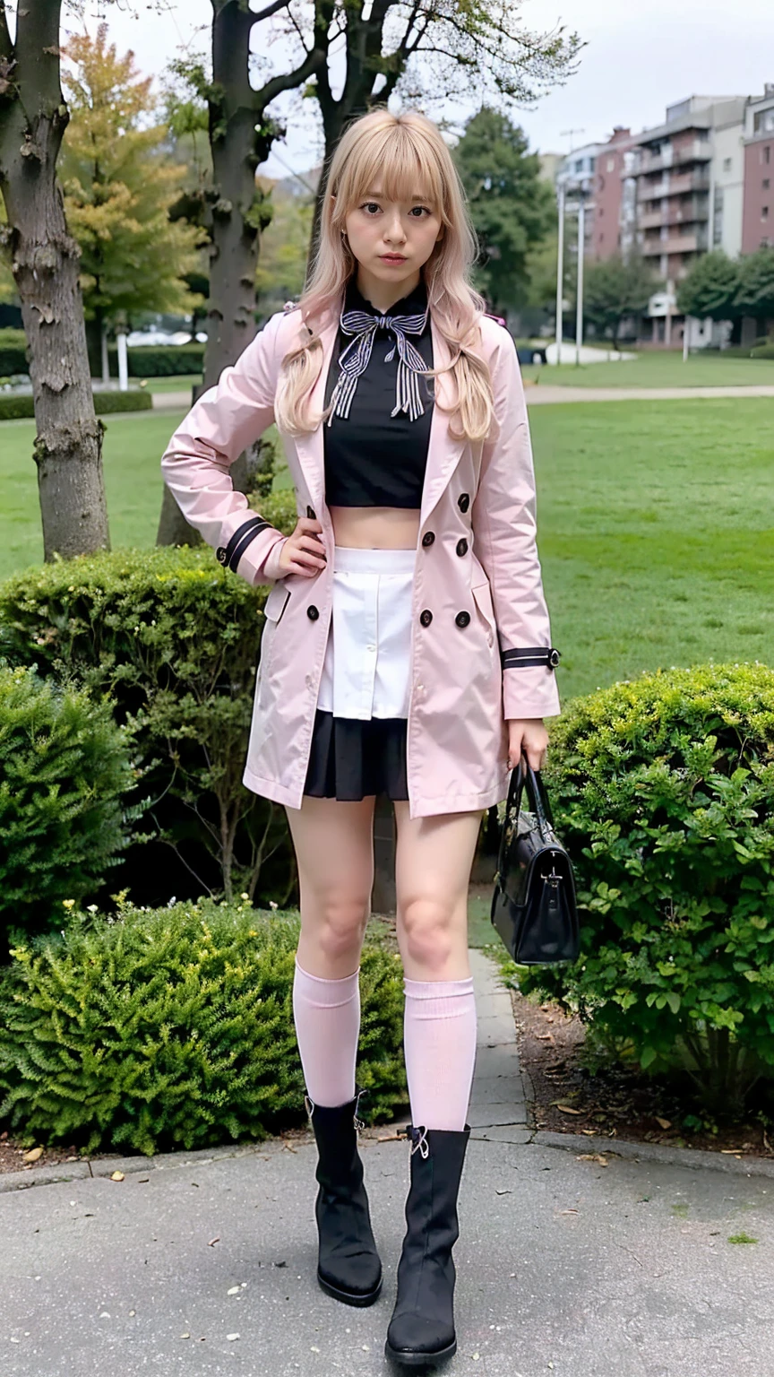(8k、RAW Photos、highest quality、masterpiece:1.2)、(Realistic、Realistic)、1 girl、((Pink Coat、Blonde、Black Mini Skirt、Ribbon on chest、Knee socks、、Big Breasts、boots、whole body、garden、View from the front、Looking into the camera、Standing with one hand on one hip))、