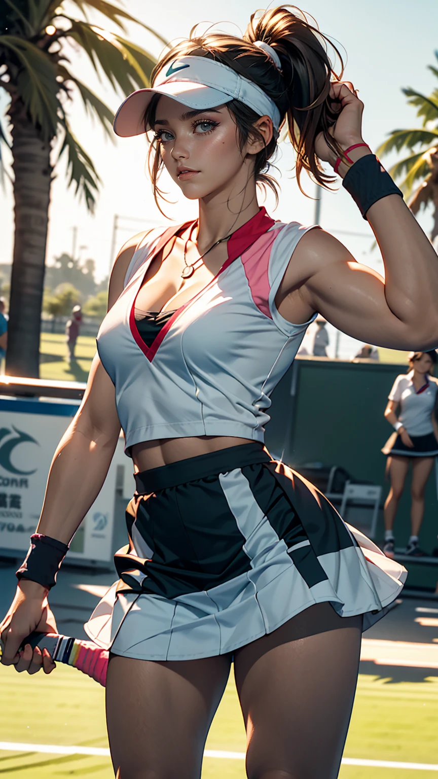 24 year old Japanese woman、Black Hair、Iris、Sexy proportions、Cleavage Emphasis、Professional tennis player、Sun visor、ponytail、Holding a tennis racket、Put the wristband on your wrist、Micro Mini Skirt、