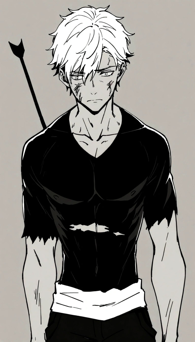 male , injured all over his body, with an arrow stuck in his back, torn clothes