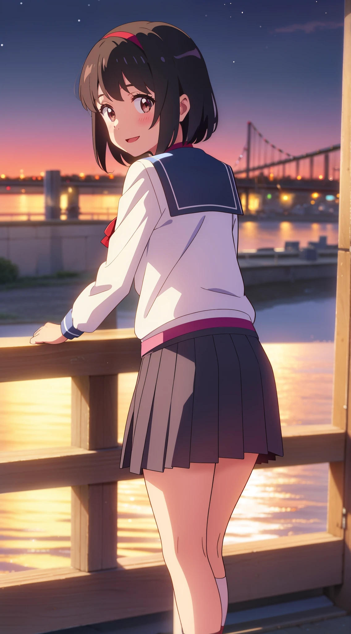 shinkai makoto, kimi no na wa., 1girl, bangs, black hair, blush, brown eyes, shinny skin, blue sailor collar, white sailor color, looking at the viewer, red bow, red headband, red ribbon, pink cardigans, short hair, smile, cute, solo, shirt, blue pleated skirt, long sleeves, smile, happy, open mouth, Night, Nightview, Outdoors, scenery, best quality, masterpiece