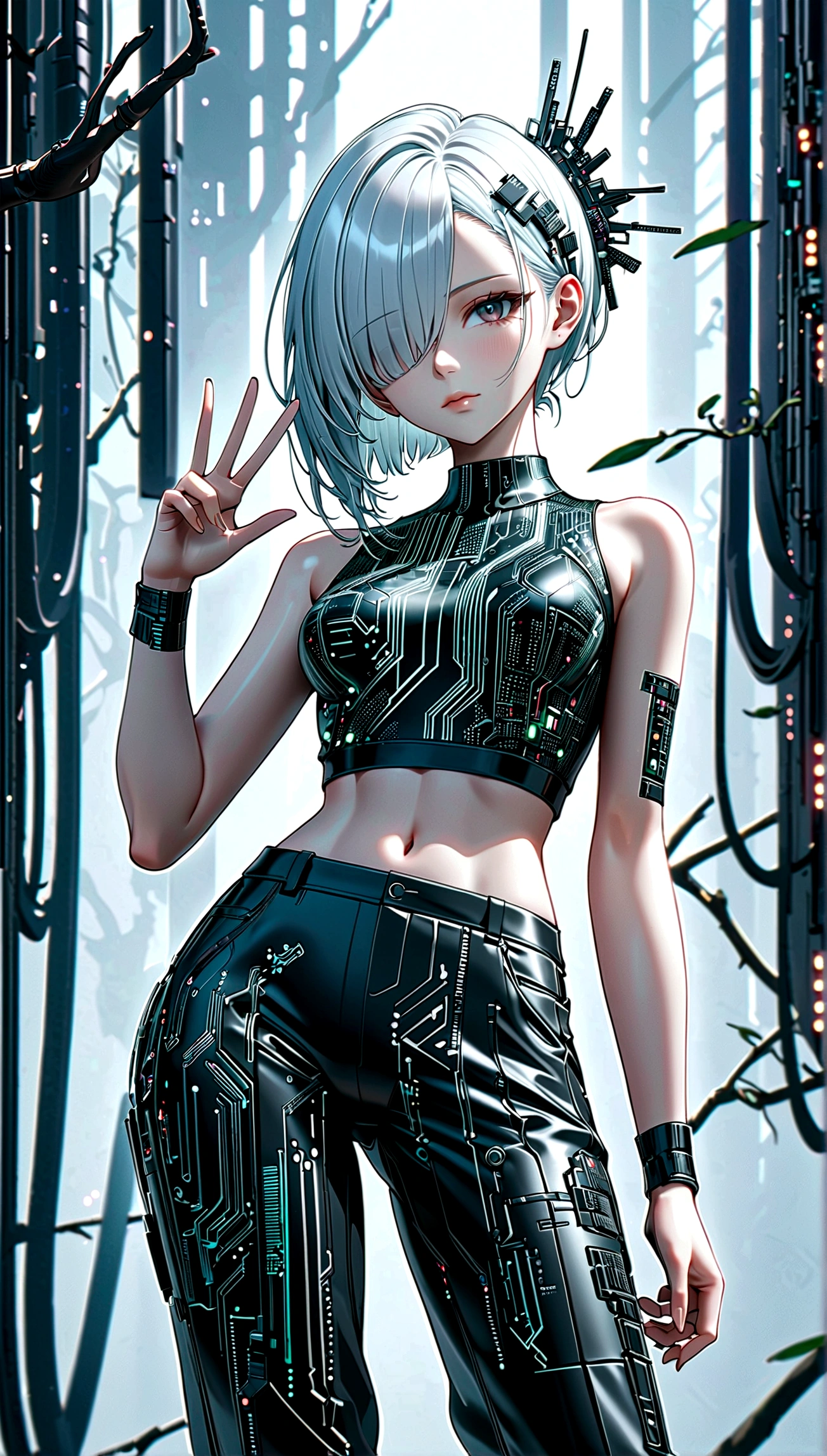 beautiful Cybernetics girl, hair over one eye, Hair accessories, (Delicate skin), Pale skin, black crop top made of circuit boards, Futuristic pants, on branch, v, Japanese words with glitter effect, cyberpunk background,Sensual, is attractive, (masterpiece:1.3), (best quality:1.3), (ultra detailed:1.3), 8k, extremely clear