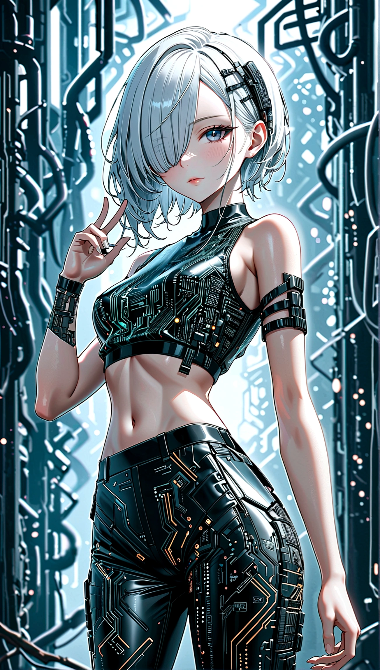beautiful Cybernetics girl, hair over one eye, Hair accessories, (Delicate skin), Pale skin, black crop top made of circuit boards, Futuristic pants, on branch, v, Japanese words with glitter effect, cyberpunk background,Sensual, is attractive, (masterpiece:1.3), (best quality:1.3), (ultra detailed:1.3), 8k, extremely clear