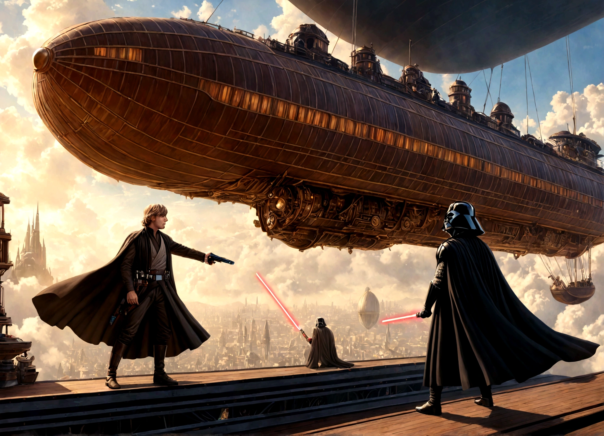 a highly detailed digital painting of Luke Skywalker and Darth Vader having a duel with lightsabers, in a steampunk style setting on an airship, cinematic dramatic lighting, vibrant colors, photorealistic, masterpiece, award-winning, intricate details, ultra-detailed, sharp focus, physically-based rendering, extreme detail description, professional, vivid colors, bokeh