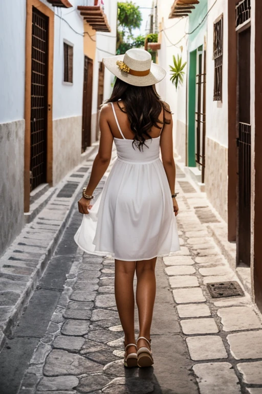A Mexican brunette woman wearing a white dress and hat from behind with her arms open up in the background on a pretty street in Mexico