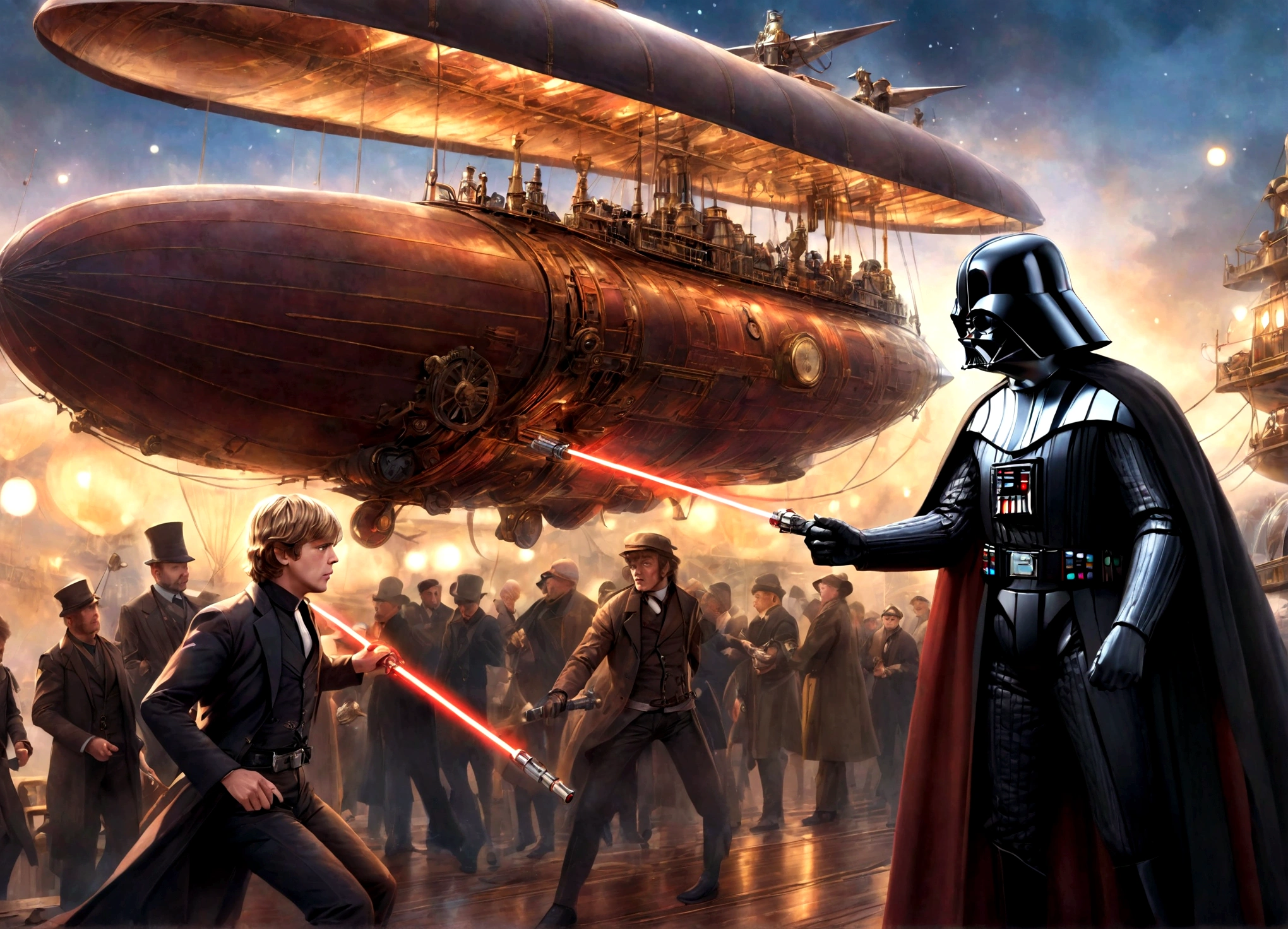 a highly detailed digital painting of Luke Skywalker and Darth Vader having a duel with lightsabers, in a steampunk style setting on an airship, cinematic dramatic lighting, vibrant colors, photorealistic, masterpiece, award-winning, intricate details, ultra-detailed, sharp focus, physically-based rendering, extreme detail description, professional, vivid colors, bokeh