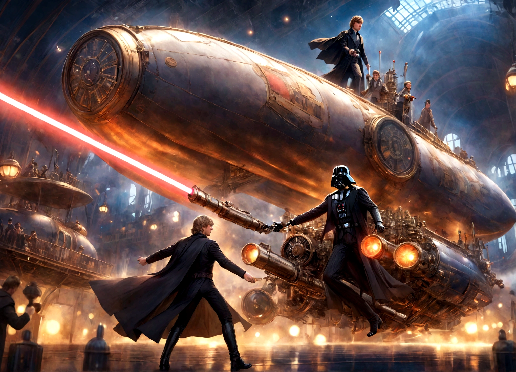 a highly detailed digital painting of Luke Skywalker and Darth Vader having a duel with lightsabers, in a steampunk style setting on an airship, cinematic dramatic lighting, vibrant colors, photorealistic, masterpiece, award-winning, intricate details, ultra-detailed, sharp focus, physically-based rendering, extreme detail description, professional, vivid colors, bokeh