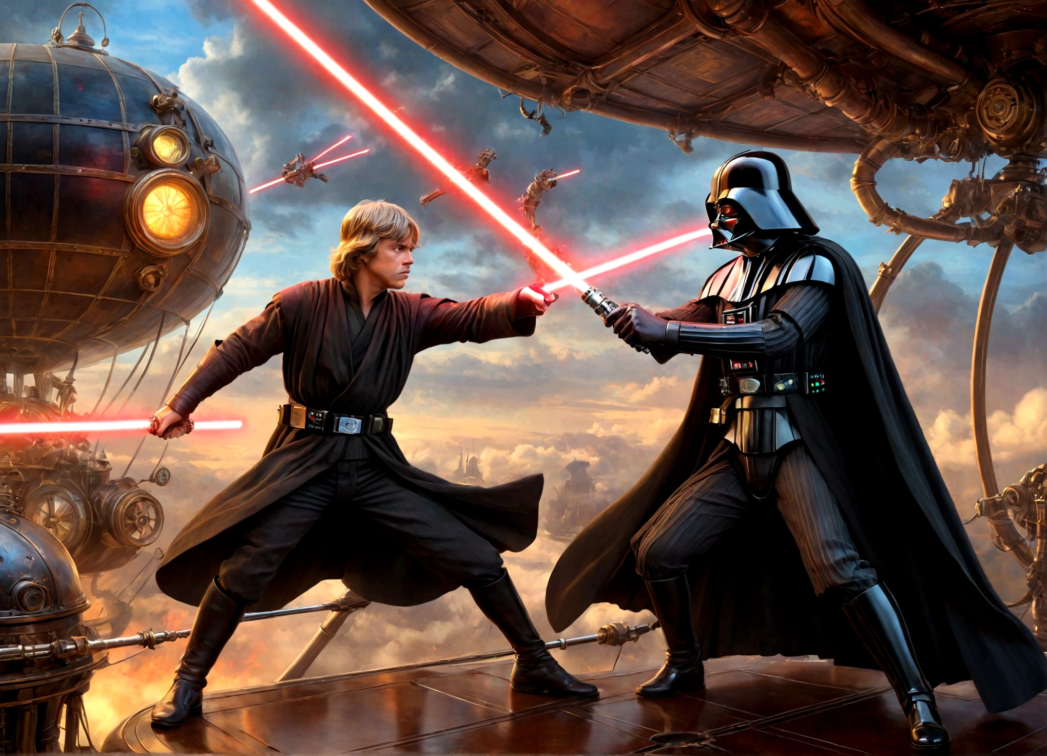 a highly detailed digital painting of Luke Skywalker and Darth Vader having a duel with lightsabers, in a steampunk style setting on an airship, cinematic dramatic lighting, vibrant colors, photorealistic, masterpiece, award-winning, intricate details, ultra-detailed, sharp focus, physically-based rendering, extreme detail description, professional, vivid colors, bokeh
