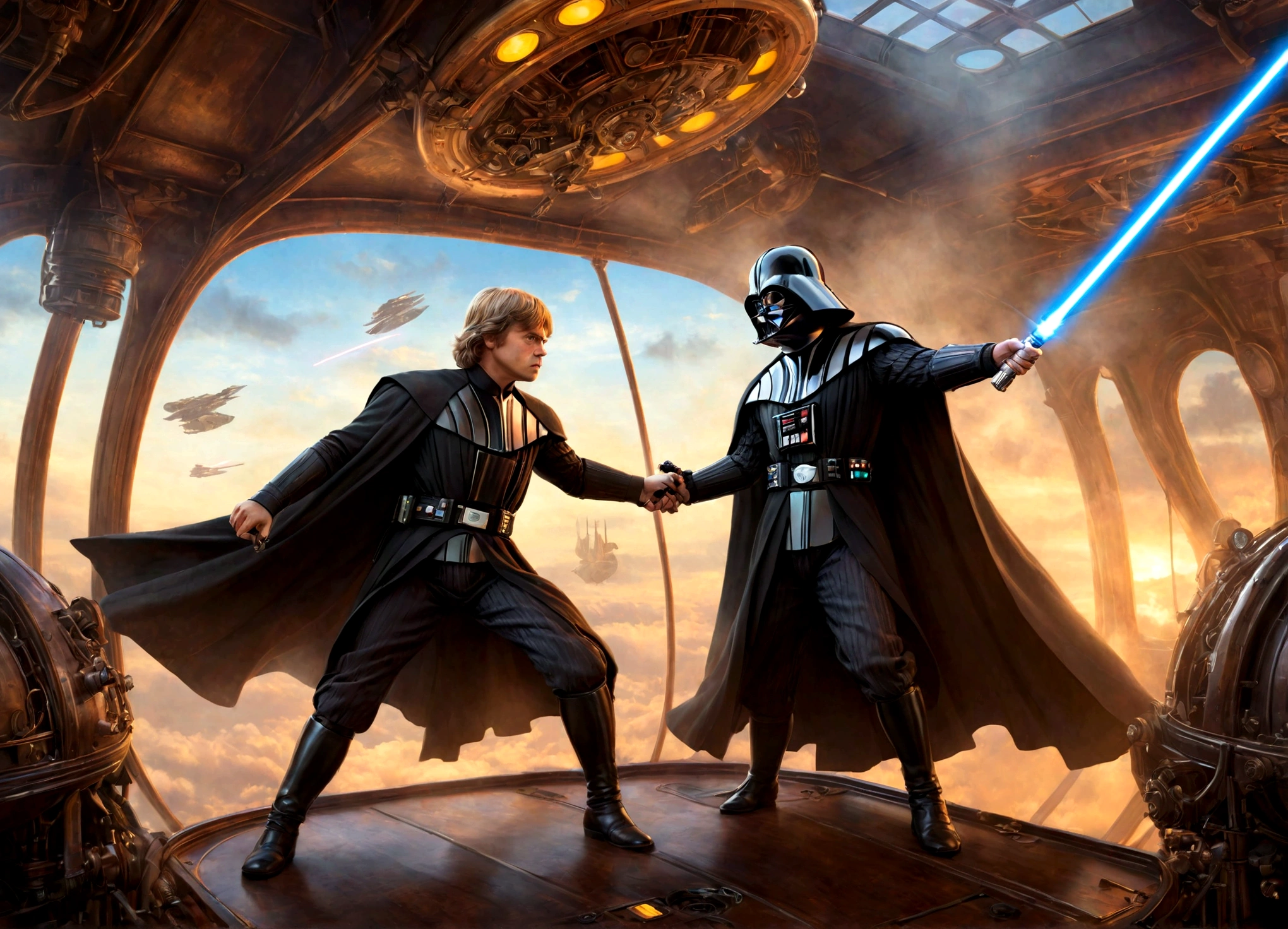 a highly detailed digital painting of Luke Skywalker and Darth Vader having a duel with lightsabers, in a steampunk style setting on an airship, cinematic dramatic lighting, vibrant colors, photorealistic, masterpiece, award-winning, intricate details, ultra-detailed, sharp focus, physically-based rendering, extreme detail description, professional, vivid colors, bokeh