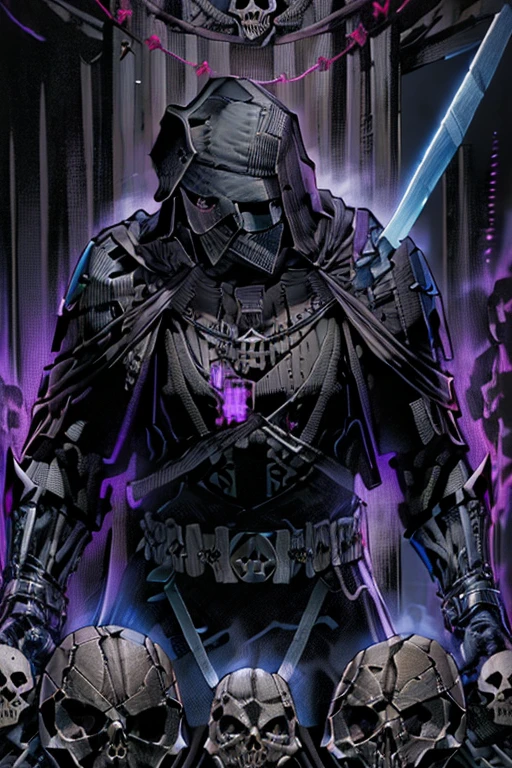 (realistic illustration:1.3),((dark fantasy:1.4)). (armored death),((black skull face:1.4)), ((Hooded)) shadow ((wraith)) in black battle armor, (imposing), (glowing violet eyes:1.2), (cross pendant:1.3). brandishing black ((great sword)) in purple flames. masterpiece