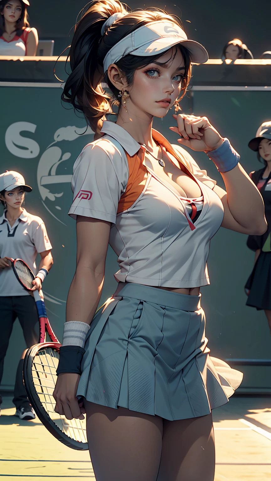 24 year old Japanese woman、Black Hair、Iris、Sexy proportions、Cleavage Emphasis、Professional tennis player、Sun visor、ponytail、Holding a tennis racket、Put the wristband on your wrist、Micro Mini Skirt、