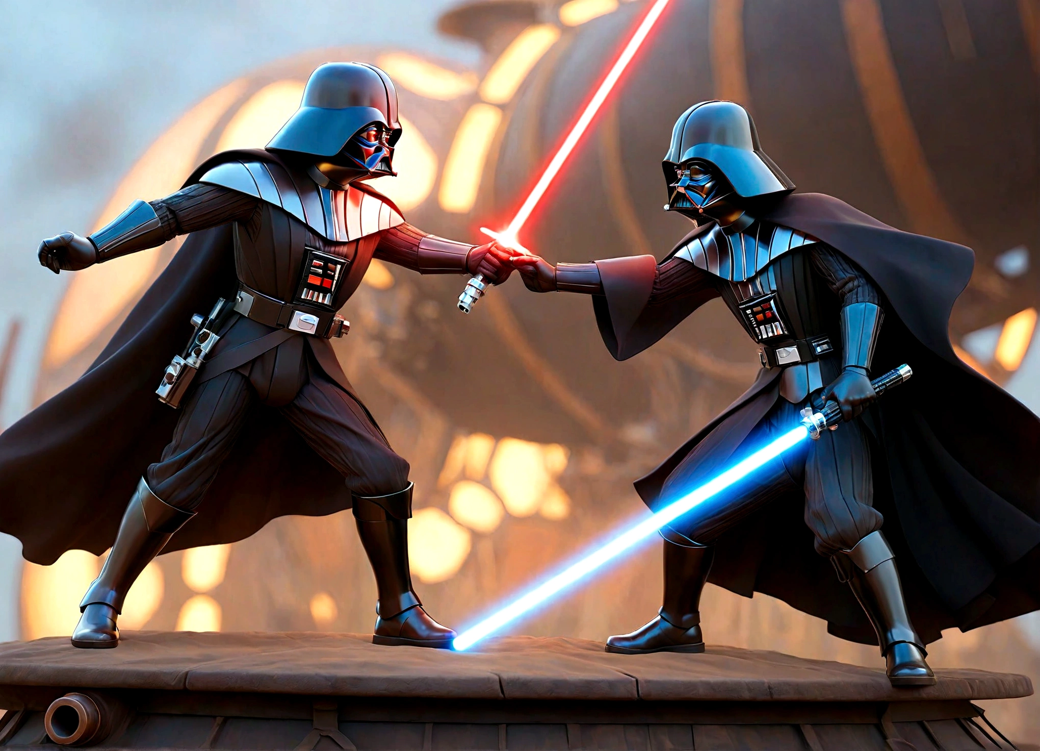 a highly detailed digital painting of Luke Skywalker and Darth Vader having a duel with lightsabers, in a steampunk style setting on an airship, cinematic dramatic lighting, vibrant colors, photorealistic, masterpiece, award-winning, intricate details, ultra-detailed, sharp focus, physically-based rendering, extreme detail description, professional, vivid colors, bokeh