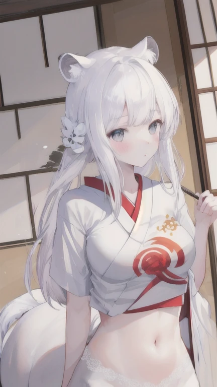 (best quality, masterpiece), 1 girl, centaur, It takes, White skin, Japanese , exposing the abdomen,belly button t-shirt, 아름다운 소녀 perfect white tiger photo, perfect white tiger photo