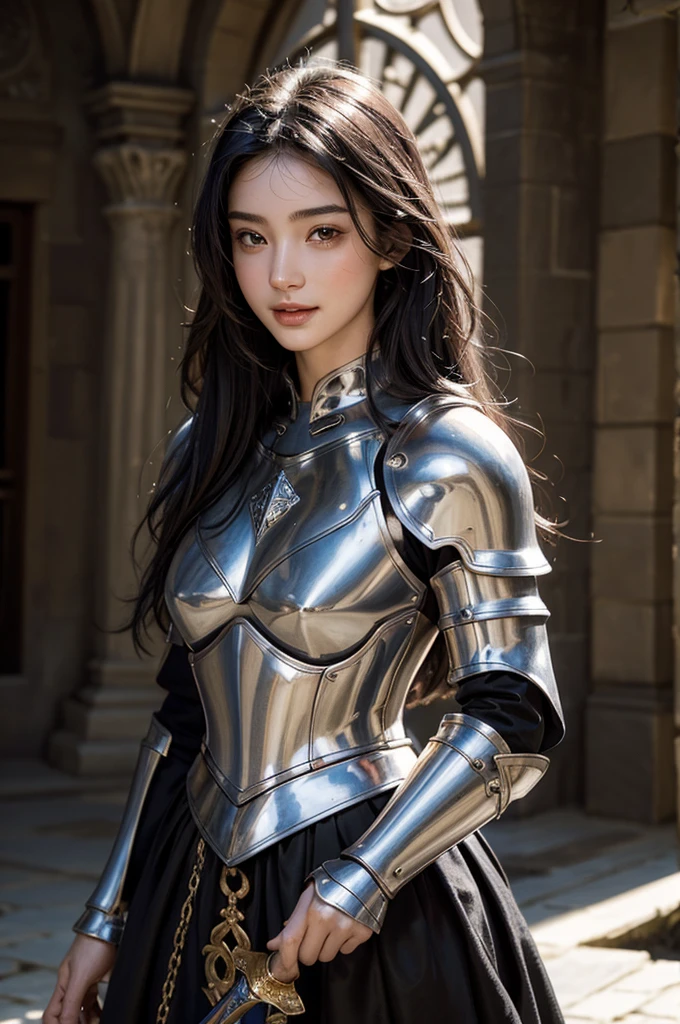 Medieval France, A world of swords and magic, Fantasy, Medieval Knight,thin, Shiny and beautiful armor, Detailed Armor, Black surcoat and gold-plated armor, Holding a Western long sword,Adobe Photoshop, Realistic digital painting, Historical portraits, High resolution, Warm Light, Iconic art, Brave, An exciting atmosphere, (whole body), 18 year old female knight, Black Hair, (Half Up:1.4), ((Beautifully detailed face)), Baby Face, beautifully detailed skin, Intricate details, Very detailed,Detailed lips,Open your mouth,Realistic Face,smile, blush,Embarrassing,Realistic Skin,(Vibrant Skin,Moisturized Skin:1.2),Vivid lips,Lip gloss