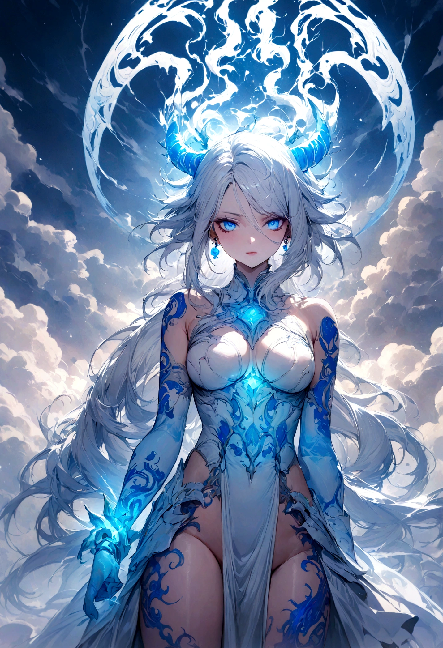 The most beautiful and sexy storm god, Long and beautiful white hair, Glowing neon blue eyes, Wearing detailed white armor, Extensive tattoos and piercings, Create the most powerful、Most destructive thunderstorms, Very detailed background, Perfect masterpiece, high quality, high resolution