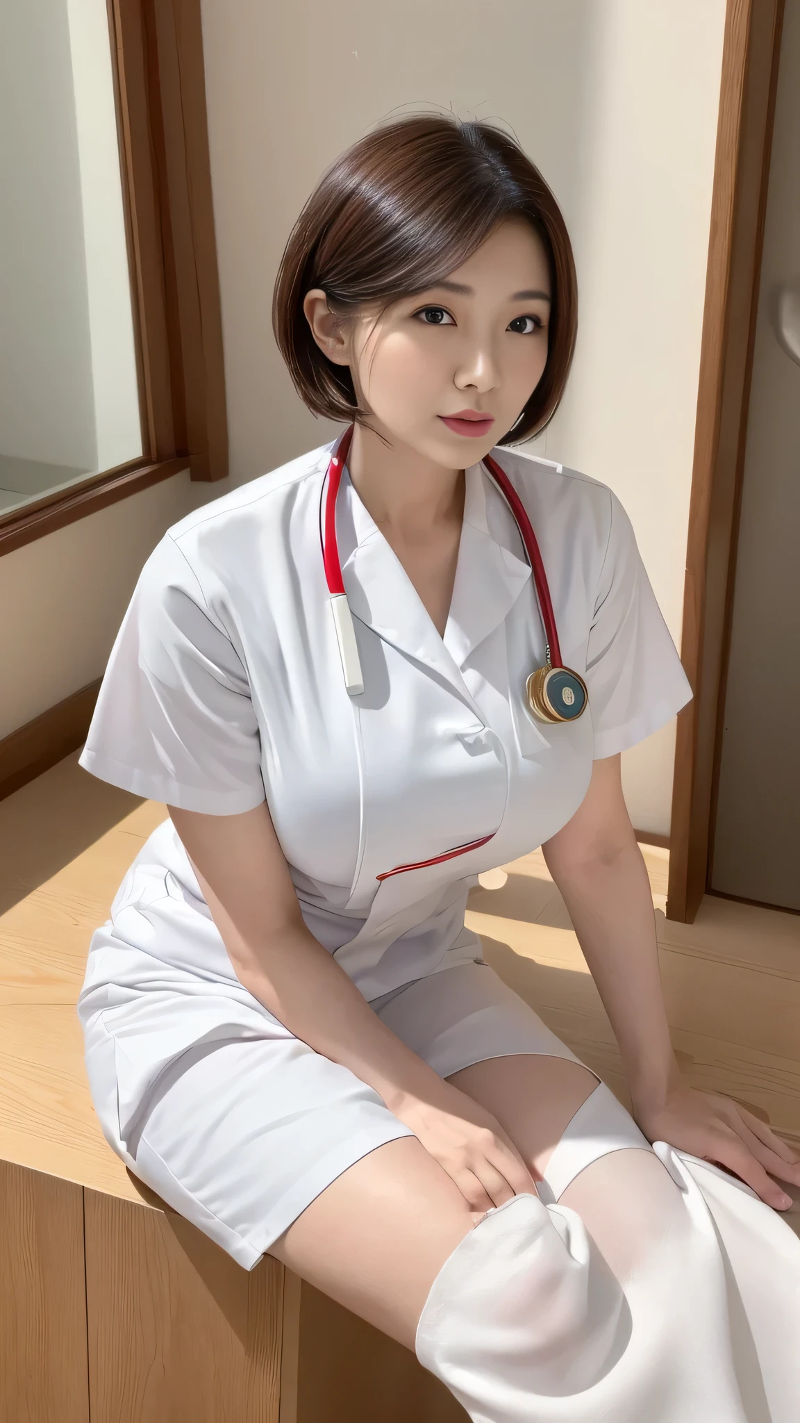 (8k, best quality, masterpiece, golden ratio composition,:1.3), (beautiful Japanese mature woman in her 30s), (wearing white Nurse's uniform:1.4), (huge breasts), short cut hair