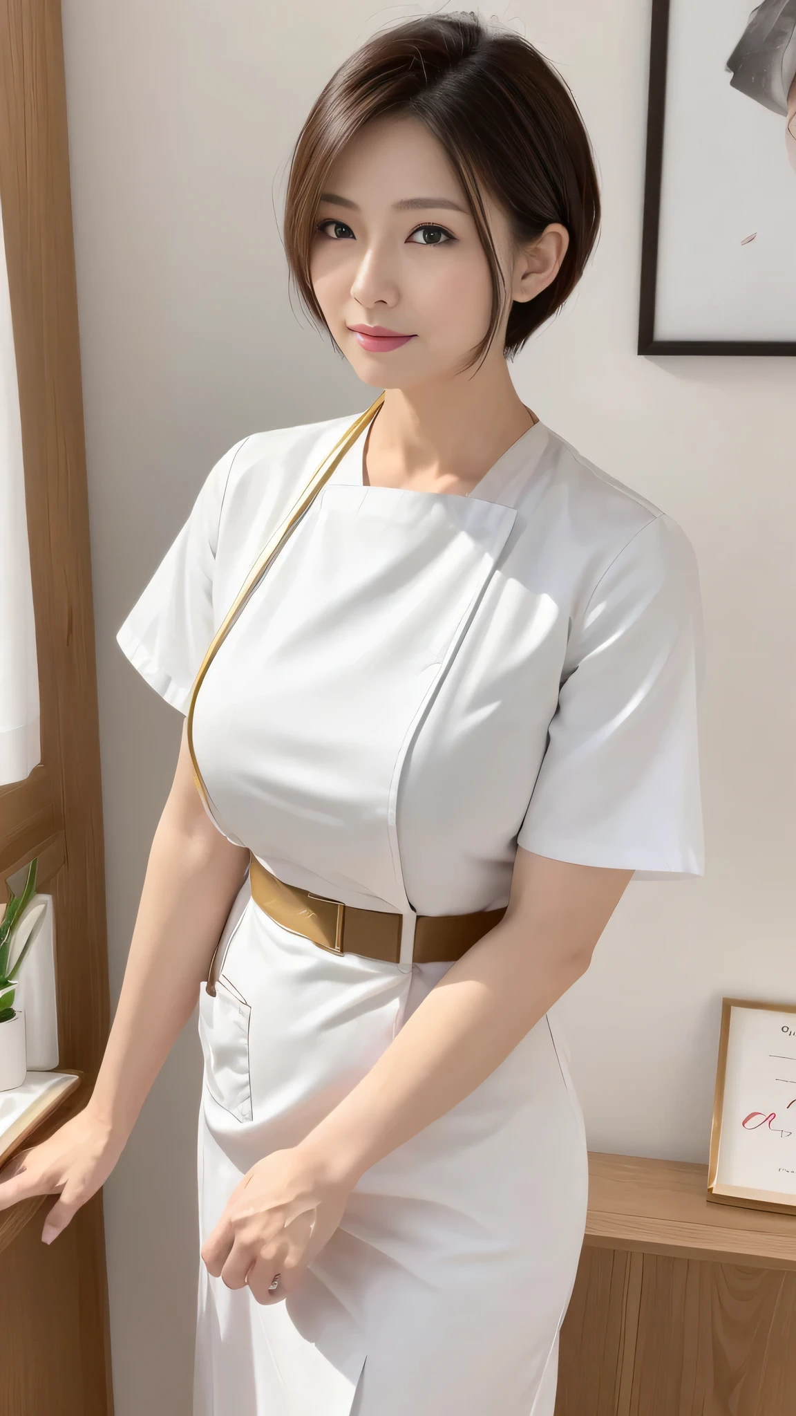 (8k, best quality, masterpiece, golden ratio composition,:1.3), (beautiful Japanese mature woman in her 30s), (wearing white Nurse's uniform:1.4), (huge breasts), short cut hair