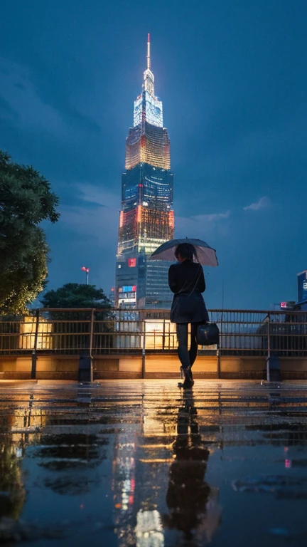 Cowboy shot composition、Precision in the details,High resolution,Smooth image quality,Clear,Contour,Night view of Tokyo Tower、The ground is covered with puddles after the rain.、A woman looking at Tokyo Tower、