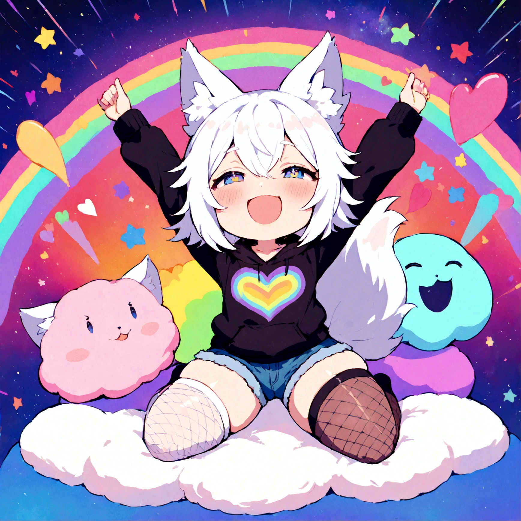 a cute adult male with wolf ears, white hair, has a wolf tail, wearing a loose cropped oversized black hoodie, wearing a pair of denim short shorts and thigh high fishnet stockings, thick thighs, wide hips, relaxing on mound of fluffy multi colored kawaii plushies, short, very slim, showing slender tummy, stretching out, heart on hoodie, squishy thighs, has glowing blue eyes. alone, solo (ALONE)(SOLO), surrounded by rainbows, colorful galaxy backround, mouth wide open grin, very happy, excited