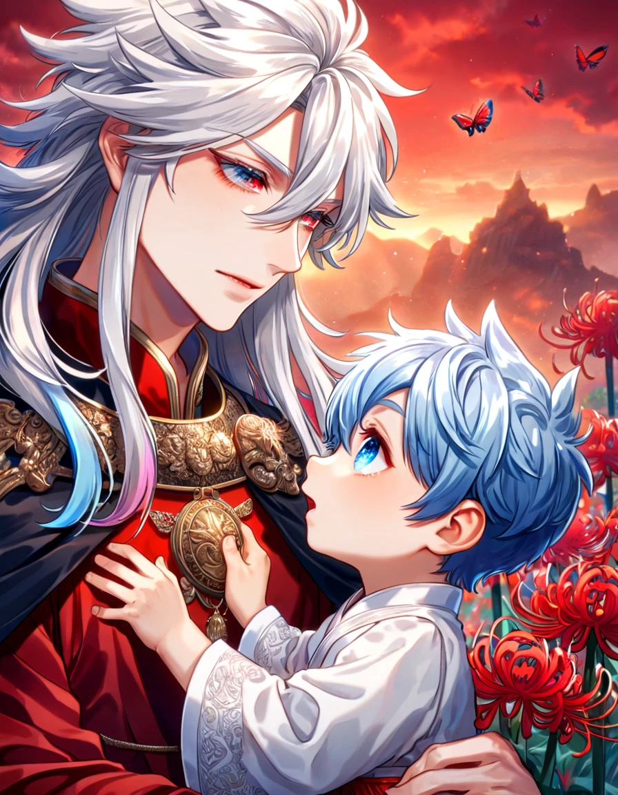 absurdres, highres, ultra detailed, HDR, master piece, best quality, extremely detailed face, delicated features, Xue Yu, untamed spiky hair, black long hair, hair between the eyes, expressive red eyes, Thousand Years War, Gojou Satoru as a little boy, white long hair, expressive blue eyes, a man together with a little boy, gay couple, yaoi, handsome, black cape, red robes, white robes, accessories, patterns, red sky, red butterflies, red spider lilies, fantasy, magical, radiant