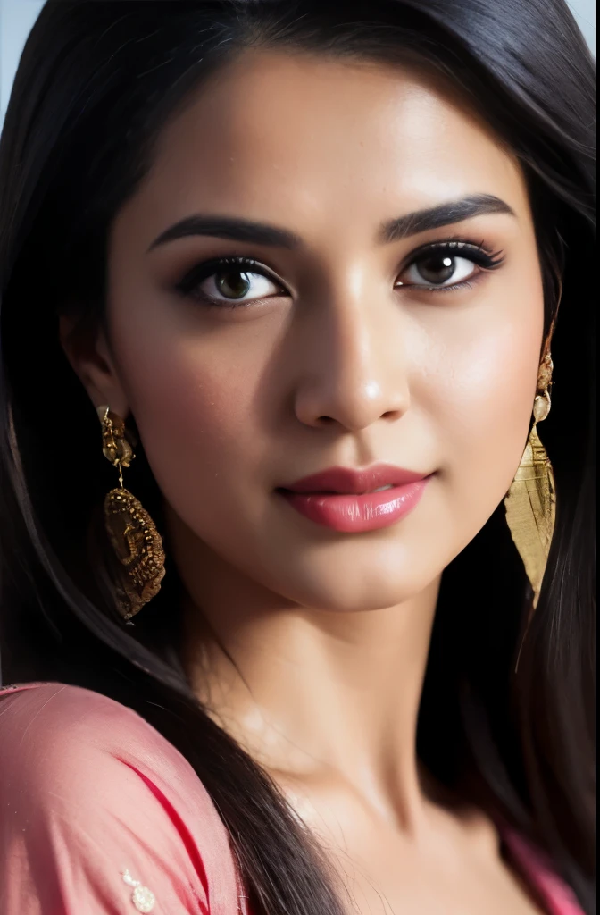 portrait of A confident-looking indian woman princess with long flowing hair, hazel eyes, with pink blue saree, a smile on the face, royal and lusty look, blue bindi, standing in light background, c-cup breast, perfect composition, hyperrealistic, super detailed, 8k, high quality, trending art, trending on artstation, sharp focus, sexy photo, intricate details, highly detailed, art by Greg Rutkowski