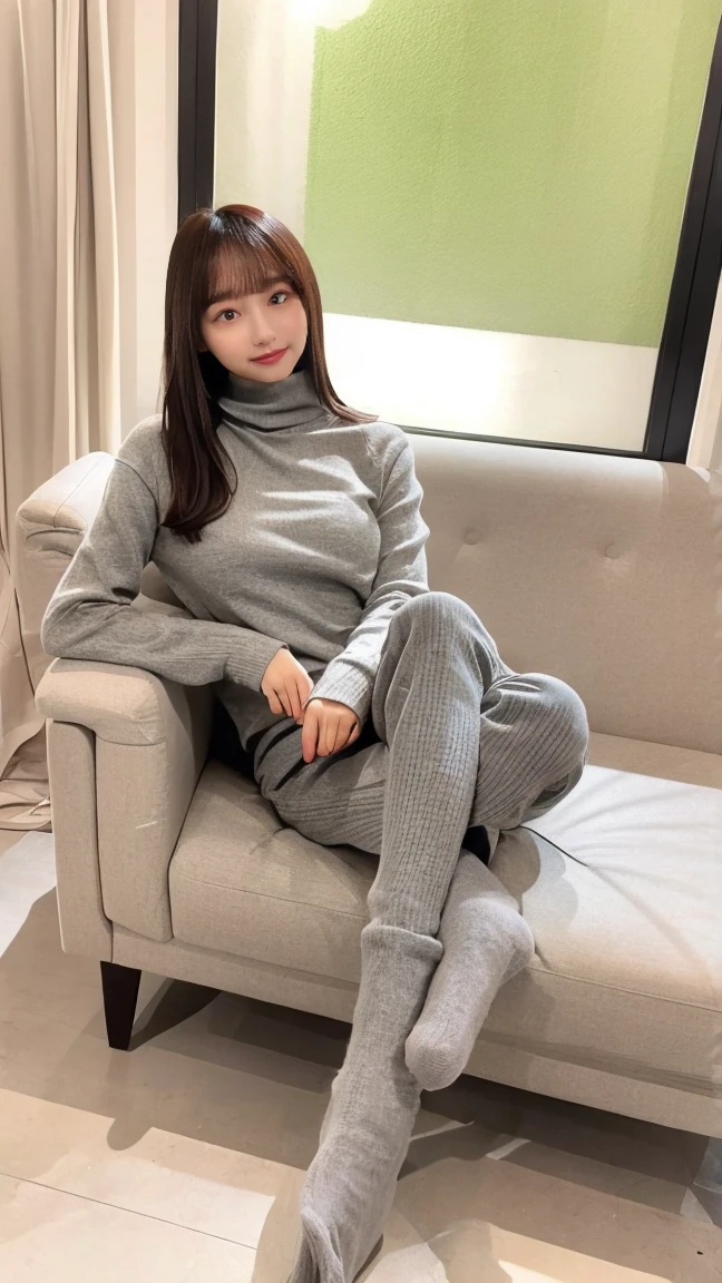 Chubby Asian beauty, sitting on a modern living room sofa, wearing a gray turtleneck top, gray leggy socks --s 750 --v 6.0 