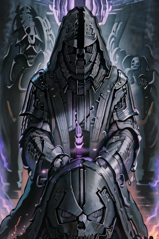 (realistic illustration:1.3),((dark fantasy:1.4)). (armored death),((black skull face:1.4)), ((Hooded)) shadow ((wraith)) in black battle armor, (imposing), (glowing violet eyes:1.2), (cross pendant:1.3). brandishing black ((great sword)) in purple flames. masterpiece