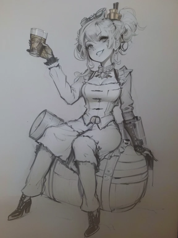 dibujo de una mujer sentada sobre un barril sosteniendo un vaso, Chica inventora de steampunk, gesto de pose modesta, as a Do Not Disturb Character, boceto, chica con tema de refrescos, viejo boceto, chica steampunk, Retrato de una catgirl steampunk, holding a modest pose, Chica pin-up steampunk, Do Not Disturb Character, Character design sketch., pose casual, dibujo de personaje