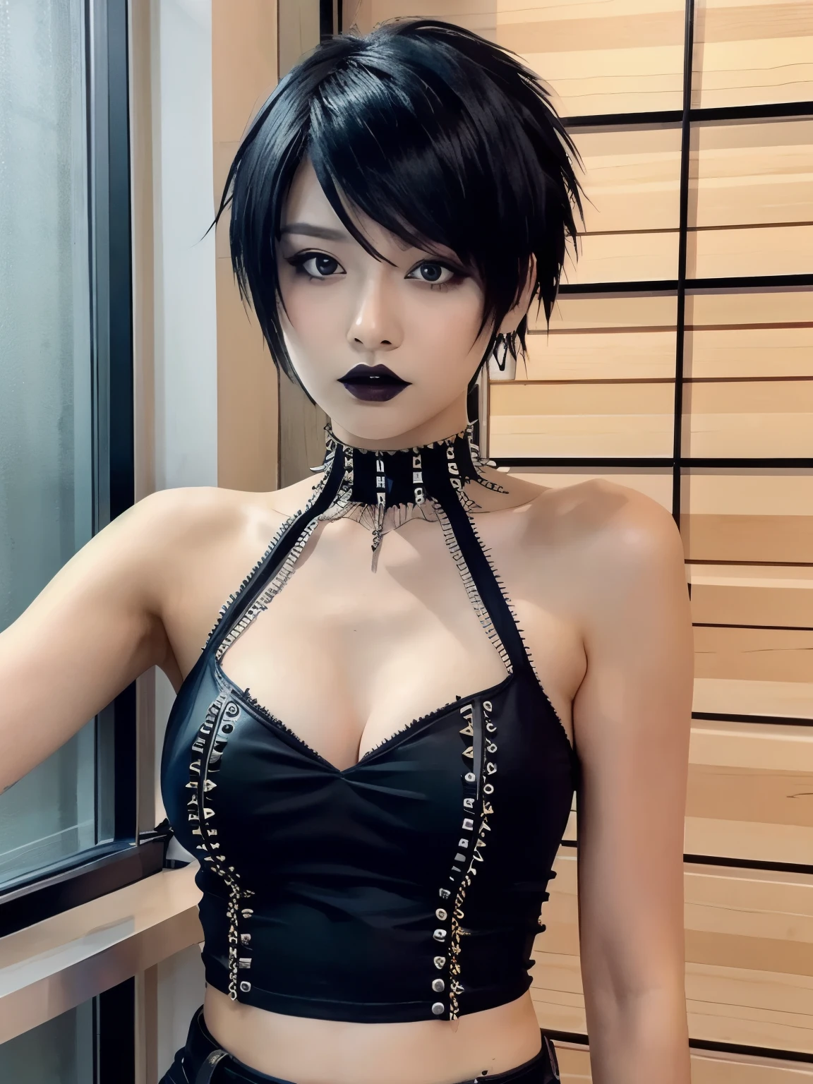 1girl, goth, goth makeup, short hair, spiked hair, spiky hair, big breasts, spiked choker, indoors