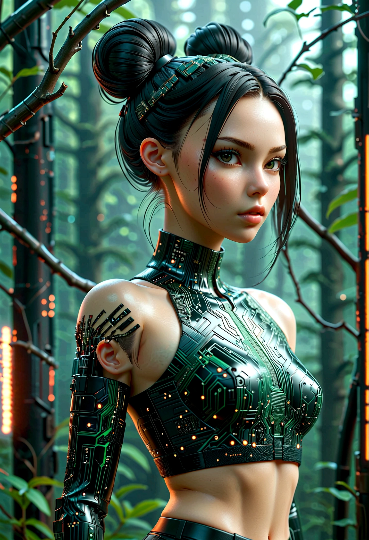 beautiful Cybernetics girl, double bun, Hair accessories, (Delicate skin), Pale skin, black crop top made of circuit boards, Futuristic pants, on branch, v, Japanese words with glitter effect, cyberpunk background,Sensual, is attractive, (masterpiece:1.3), (best quality:1.3), (ultra detailed:1.3), 8k, extremely clear