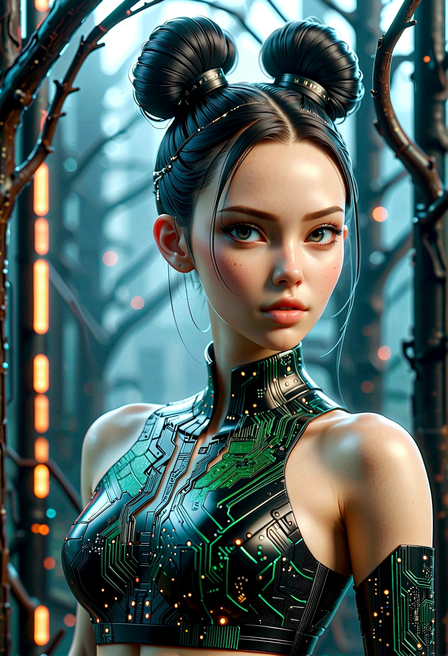 beautiful Cybernetics girl, double bun, Hair accessories, (Delicate skin), Pale skin, black crop top made of circuit boards, Futuristic pants, on branch, v, Japanese words with glitter effect, cyberpunk background,Sensual, is attractive, (masterpiece:1.3), (best quality:1.3), (ultra detailed:1.3), 8k, extremely clear