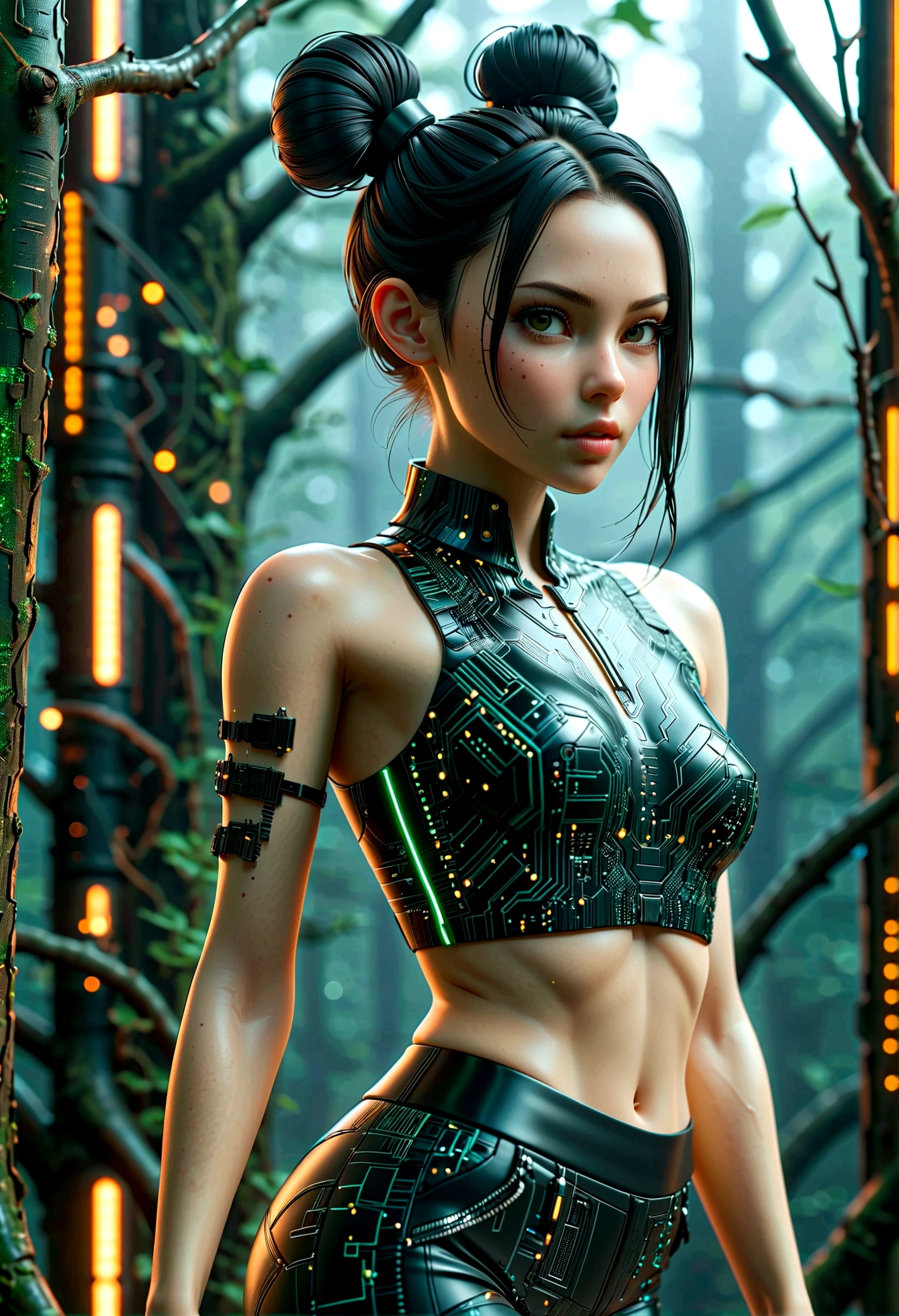 beautiful Cybernetics girl, double bun, Hair accessories, (Delicate skin), Pale skin, black crop top made of circuit boards, Futuristic pants, on branch, v, Japanese words with glitter effect, cyberpunk background,Sensual, is attractive, (masterpiece:1.3), (best quality:1.3), (ultra detailed:1.3), 8k, extremely clear