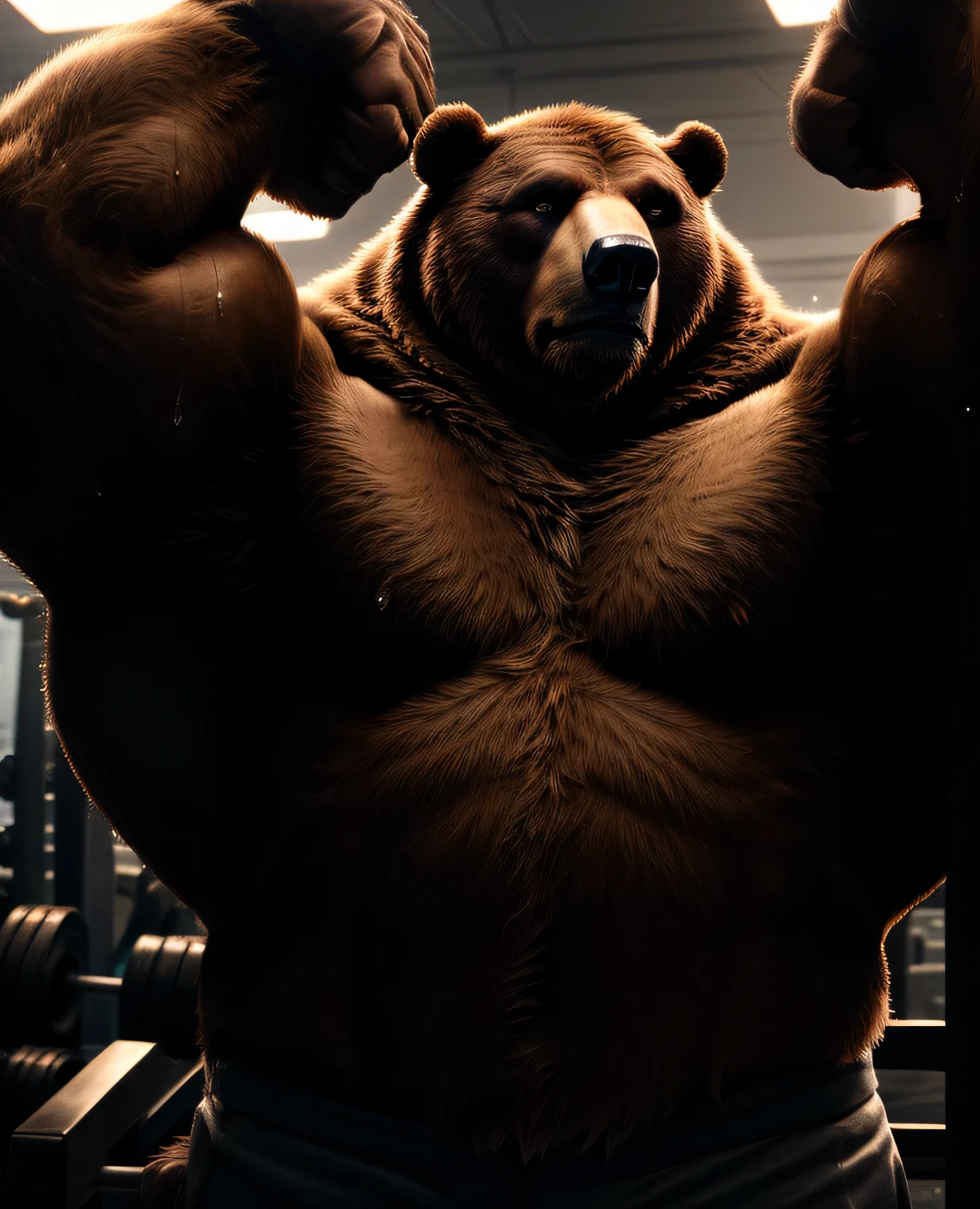 a huge muscular grizzly bear, powerful bear, bear flexing, shirtless, bear working out, bear in a gym, bear with ripped muscles, bear with veins, bear with a determined expression, gym equipment, weight plates, barbells, sweat, dramatic lighting, cinematic composition, realistic fur texture, high detail, 8k, photorealistic, hyper detailed, intricate details