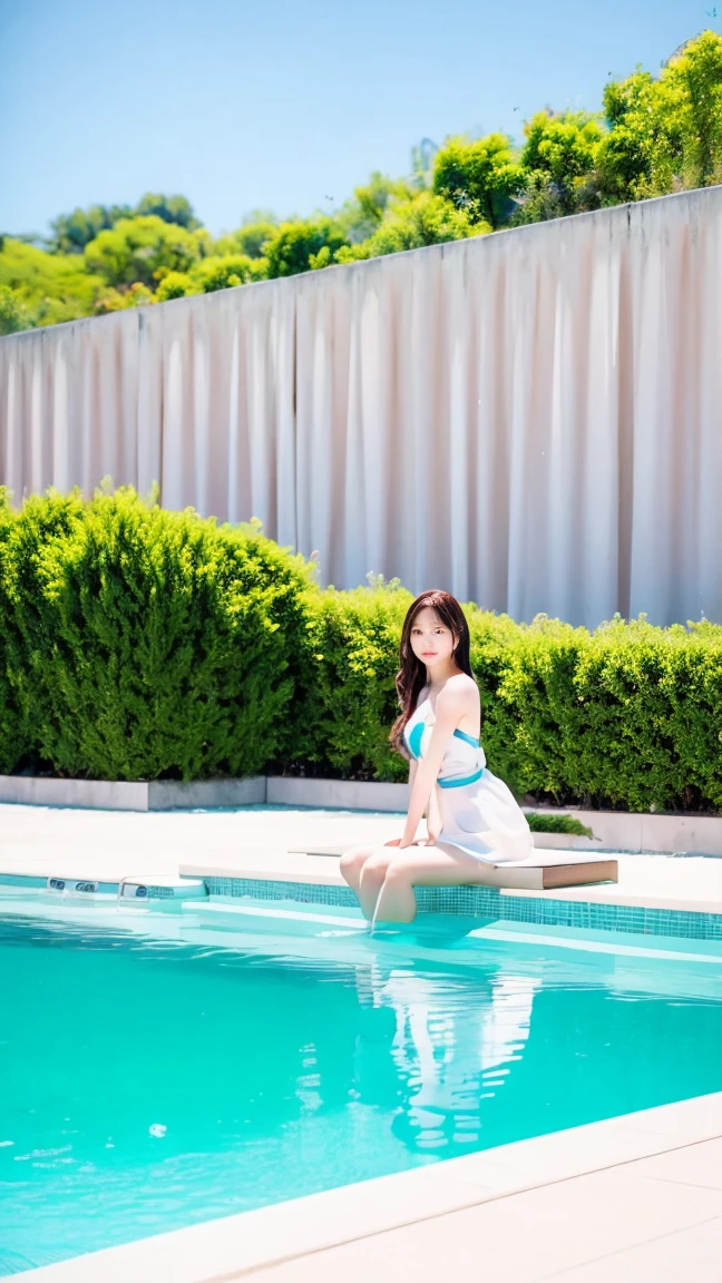 Beautiful Korean woman posing for a photoshoot at a swimming pool, elegance meets aquatic grace, vibrant colors, refreshing ambiance, natural sunlight, digital photography style, professional, inspired by the aesthetics of poolside fashion, medium shot, influenced by modern photography trends, nikon d850 --s 750 --v 6.0