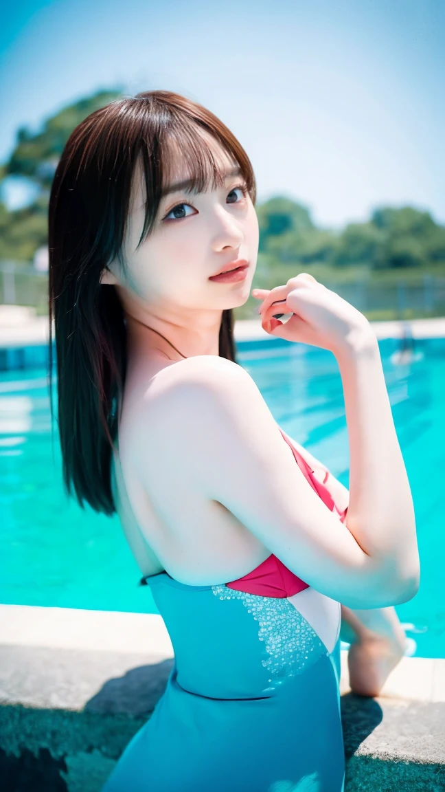 Beautiful Korean woman posing for a photoshoot at a swimming pool, elegance meets aquatic grace, vibrant colors, refreshing ambiance, natural sunlight, digital photography style, professional, inspired by the aesthetics of poolside fashion, medium shot, influenced by modern photography trends, nikon d850 --s 750 --v 6.0