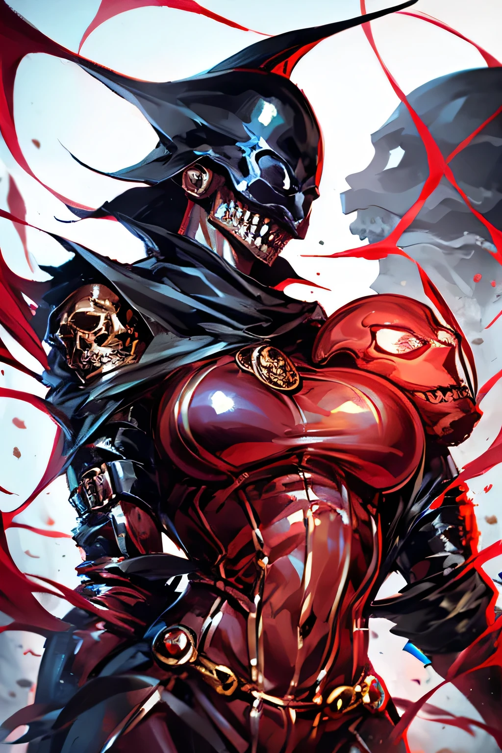 A strong and sensual looking black female mannequin with a skull head and a transparent red demon mask