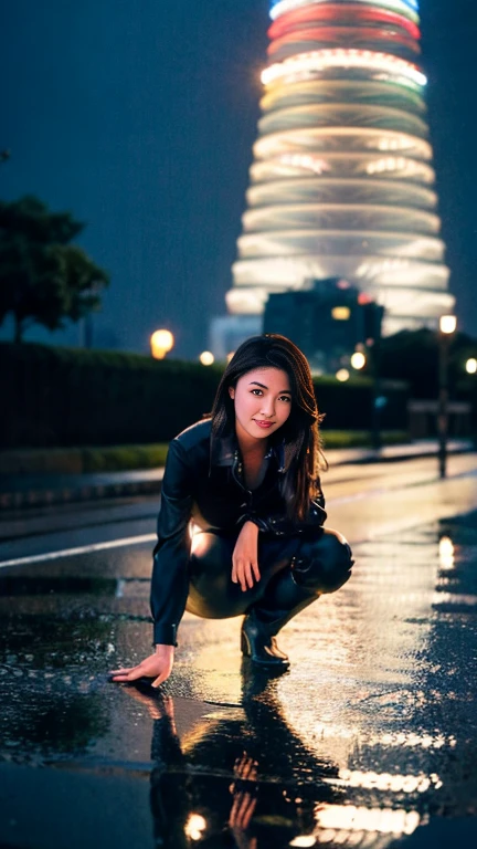 Cowboy shot composition、Precision in the details,High resolution,Smooth image quality,Clear,Contour,Night view of Tokyo Tower、The ground is covered with puddles after the rain、A 20-year-old woman looking at me kindly、Beautiful night view、Cute eyes、