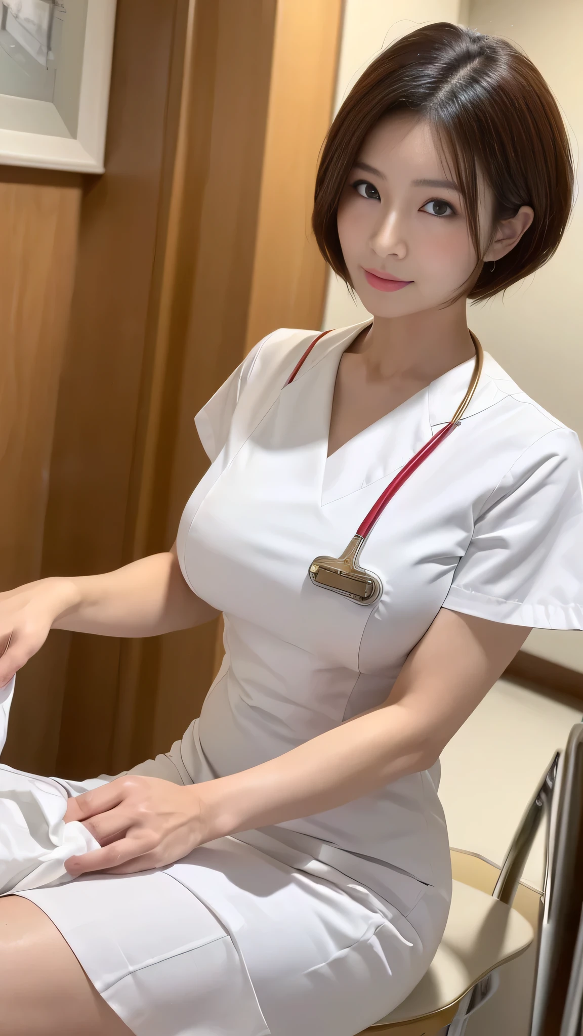 (8k, best quality, masterpiece, golden ratio composition,:1.3), (beautiful Japanese mature woman in her 30s), (wearing white Nurse's uniform:1.4), (huge breasts), short cut hair