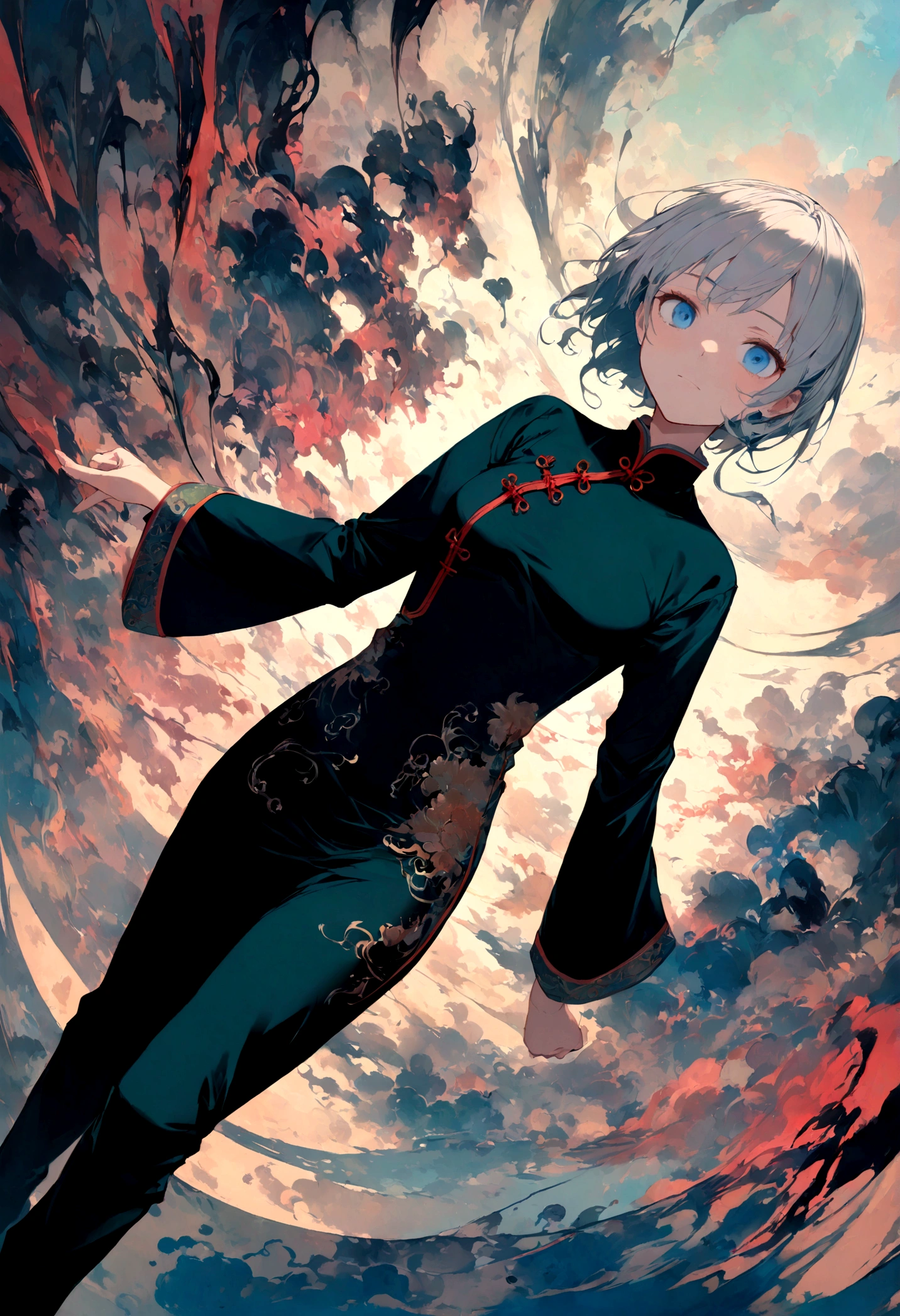 (((Ink style))),((best quality)), (masterpiece:1.5), (8k CG Wallpaper), (A vast world of lies, False skies, Real boys, Abstract: 1.4),(masterpiece:1.3),(fluorescent, Wheels within wheels, Surrealism, thrilling, extremely good, Quiet, silent),(best quality),(Extremely detailed, high resolution, Very detailed:1.5), a boy, Silver Hair, blue eyes, Look sideways at a 45-degree angle, cool face, Chinese Tang Suit, Short-lived, Ink Painting