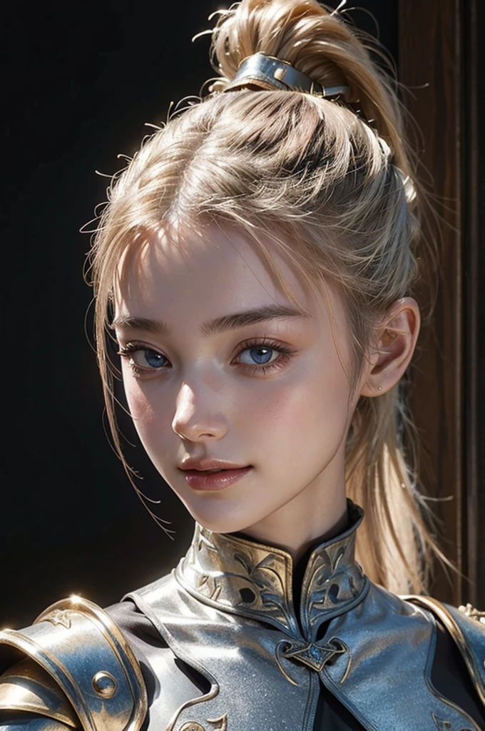 Medieval France, A world of swords and magic, Fantasy, Medieval Knight,thin, Shiny and beautiful armor, Detailed Armor, Black surcoat and gold-plated armor,Adobe Photoshop, Realistic digital painting, Historical portraits, High resolution, Warm Light, Iconic art, Brave, An exciting atmosphere, (whole body), 18 year old female knight, White platinum blonde hair, (ponytail:1.4), ((Beautifully detailed face)), , beautifully detailed skin, Intricate details, Very detailed,Detailed lips,Open your mouth,Realistic Face,smile, blush,Embarrassing,Realistic Skin,(Vibrant Skin,Moisturized Skin:1.2),Vivid lips,Lip gloss
