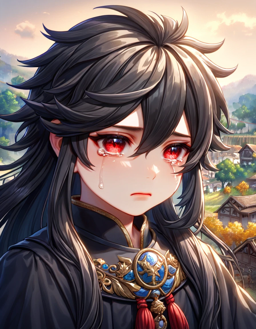 absurdres, highres, ultra detailed, HDR, master piece, best quality, extremely detailed face, delicated features, Xue Yu, untamed spiky hair, black long hair, hair ween the eyes, expressive red eyes, Thousand Years War, solo, litad, sadness, crying, black robes, village, trees