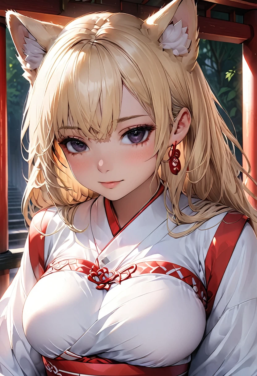 Highly detailed, highly accurate, realistic, 1 woman, solo, blonde hair, Black gradient eyes, beautiful face, furry, Shrine maiden , String Panties,