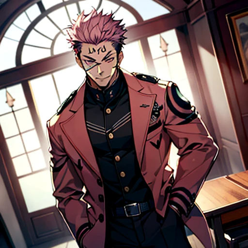 (tmasterpiece, best qualityer: 1.2), Solo, malefocus, 1boy, sukuna, tattoo_On_his_face, male, full bodyesbian, Black leather jacket, A pink-haired, cow boy shot, 8K, super detailing, hands in a pocket, tightsuit,inside the house,