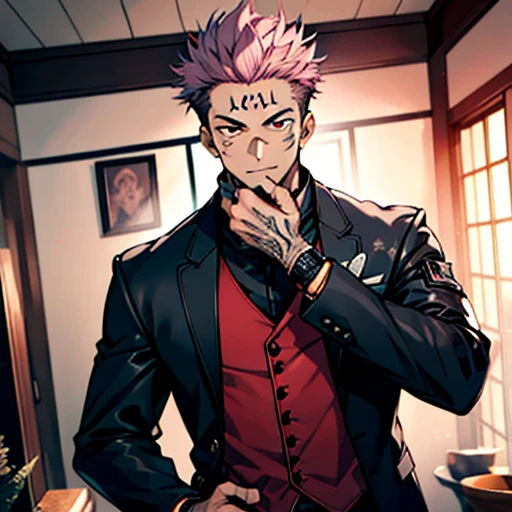 (tmasterpiece, best qualityer: 1.2), Solo, malefocus, 1boy, sukuna, tattoo_On_his_face, male, full bodyesbian, Black leather jacket, A pink-haired, cow boy shot,  8K, super detailing, hands in a pocket, tightsuit,inside the house，