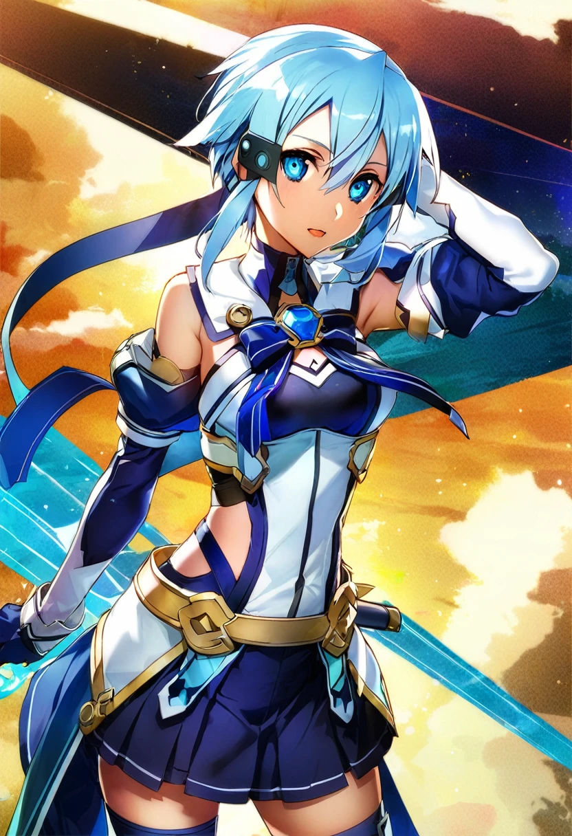 highest quality、unity 8k wallpaper、32k、masterpiece、Very detailed、Ultra-high resolution、Very detailedな顔、RAW Photos、Professional、Ultra-fine painting、Magical Sky Archer Solas Sinon、Light blue short hair、Sky blue eyes、Blue color magical girl costume、Deep indigo ribbon with a large sapphire brooch、White pleated skirt with blue lines、Blue and white long gloves、Indigo thigh-high stiletto heel boots with gold molding、Anti-material rifles