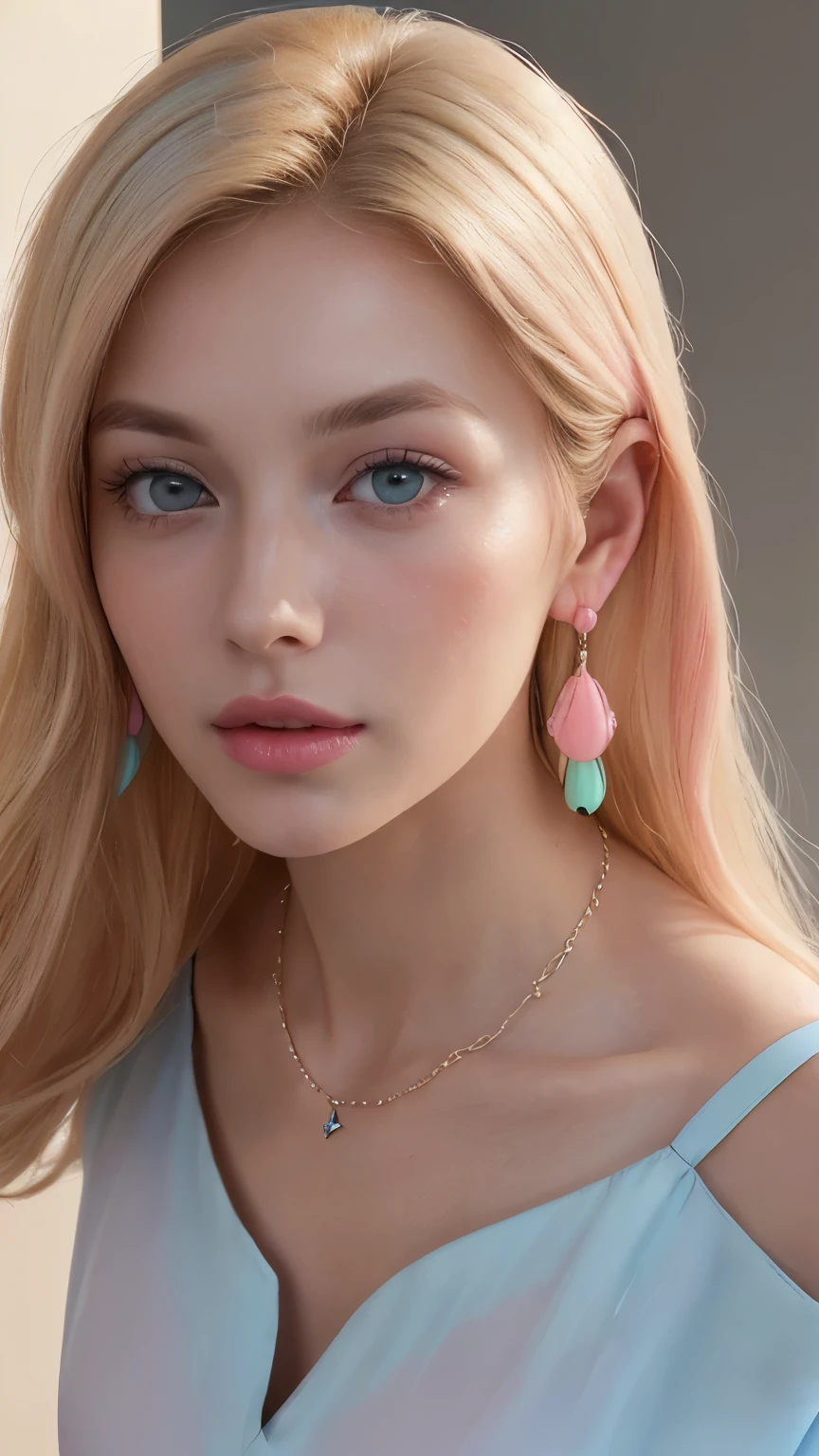 1 29 year old blonde woman with long hair posing for a picture, (Beautiful blonde woman), beautiful blonde woman, (She is blushing and making a kissy face:1.4), ((Her face is turned upwards:1.5)), Well-cared for beautiful blonde, 8K Portrait, ((Photograph from the front:1.4 and camera angle of view from above:1.4)), Smooth blond woman, (Slim figure top model:1.2), breast enhancement, (Blonde Swedish woman), ((The blonde eyebrows are raised and furrowed:1.5)), ((Heavy breathing)), Glossy long blonde hair, ((She's droopy moist eyes and Super thinly opened eyes:1.4)), ((she is looking up at the viewer from below:1.4)), ((Her thick plump and shiny lips half-open:1.5)), (A photo from the shoulders up:2.0), (A person in the center left and right, The whole head is shown:1.3), (Pastel colored blouse:1.3), (A very simple necklace and very simple earrings), Perfect Makeup, Light shining in her face in a dark room