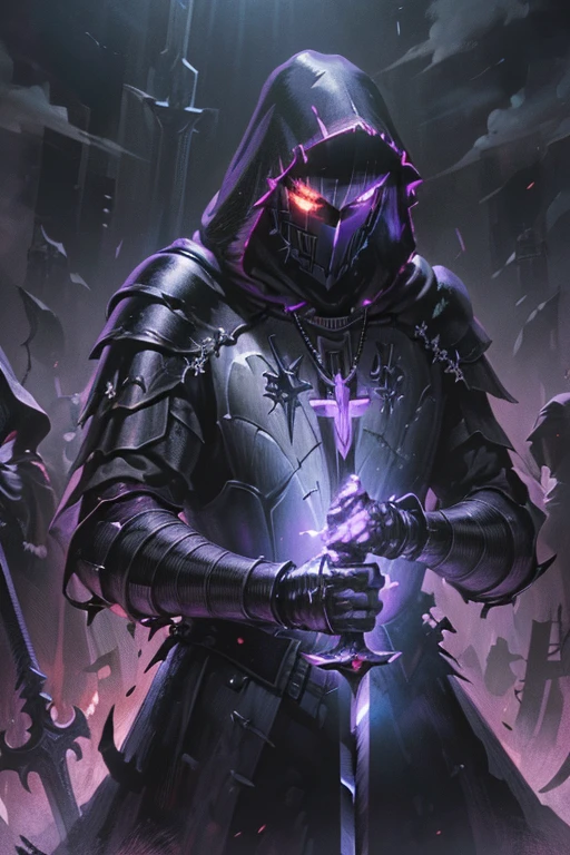 (realistic illustration:1.3),((dark fantasy:1.4)). (fallen crusader),(armored death), ((Hooded)) shadow ((wraith)) in black battle armor, (imposing), (glowing violet eyes:1.2), (cross pendant:1.3). brandishing black ((great sword)) in purple flames. masterpiece