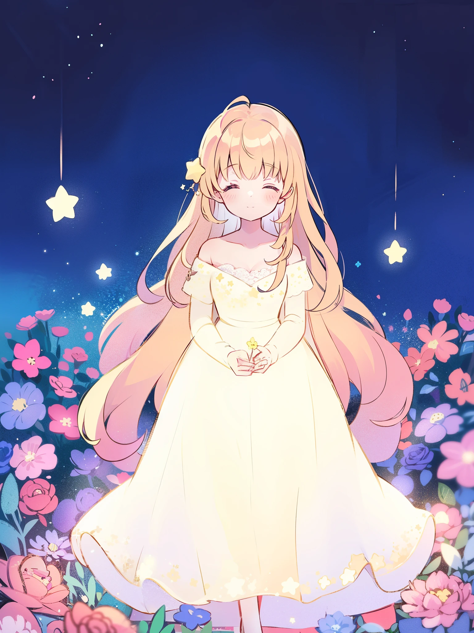 wishing star garden background, flower garden, flowers, girl wearing a glowing translucent dress made of stars, magical, fantasy, whimsical, complex drawing, highly detailed, ethereal, starry night, midjourney style